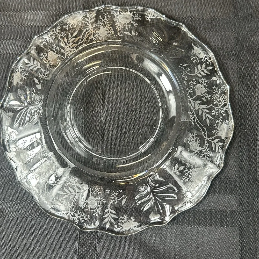 Vintage Fostoria Chintz Trio Set • Etched Glass Cup Saucer Plate • Baroque Blank